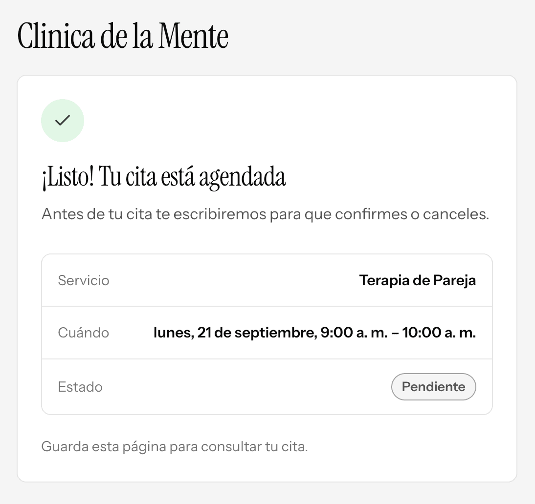 Domingo's booking confirmation: the appointment is scheduled and the client will be asked to confirm or cancel before it