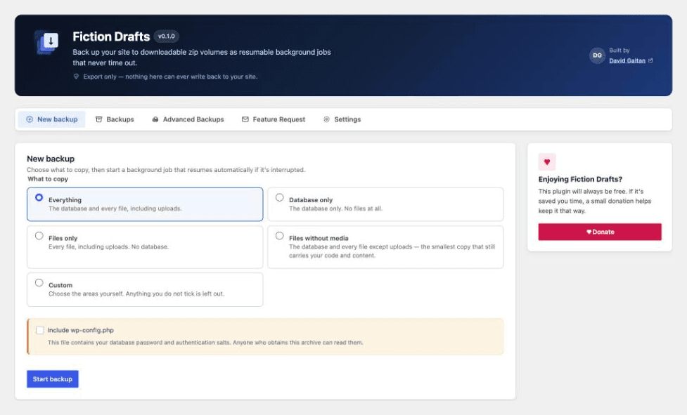The New backup tab: five profile choices, with Everything selected and the wp-config.php box unticked.